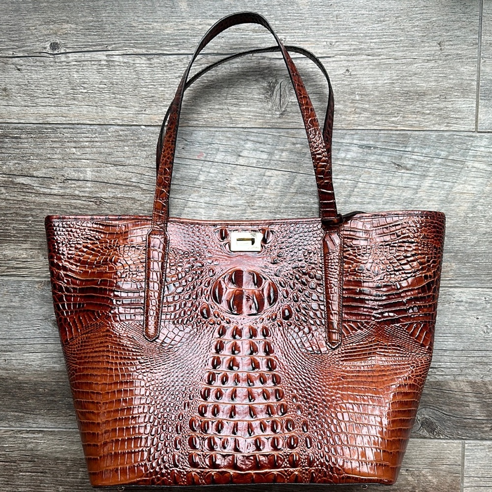 Crocodile Embossed Brown Leather Tote Bag